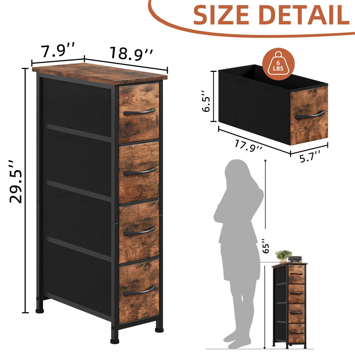 Somdot Narrow Dresser with 4 Drawers, Slim Storage Organizer Chest of Drawers with Removable Fabric Drawers for Small Spaces Bathroom Closet Bedroom Laundry, Wood Grain Print Somdot
