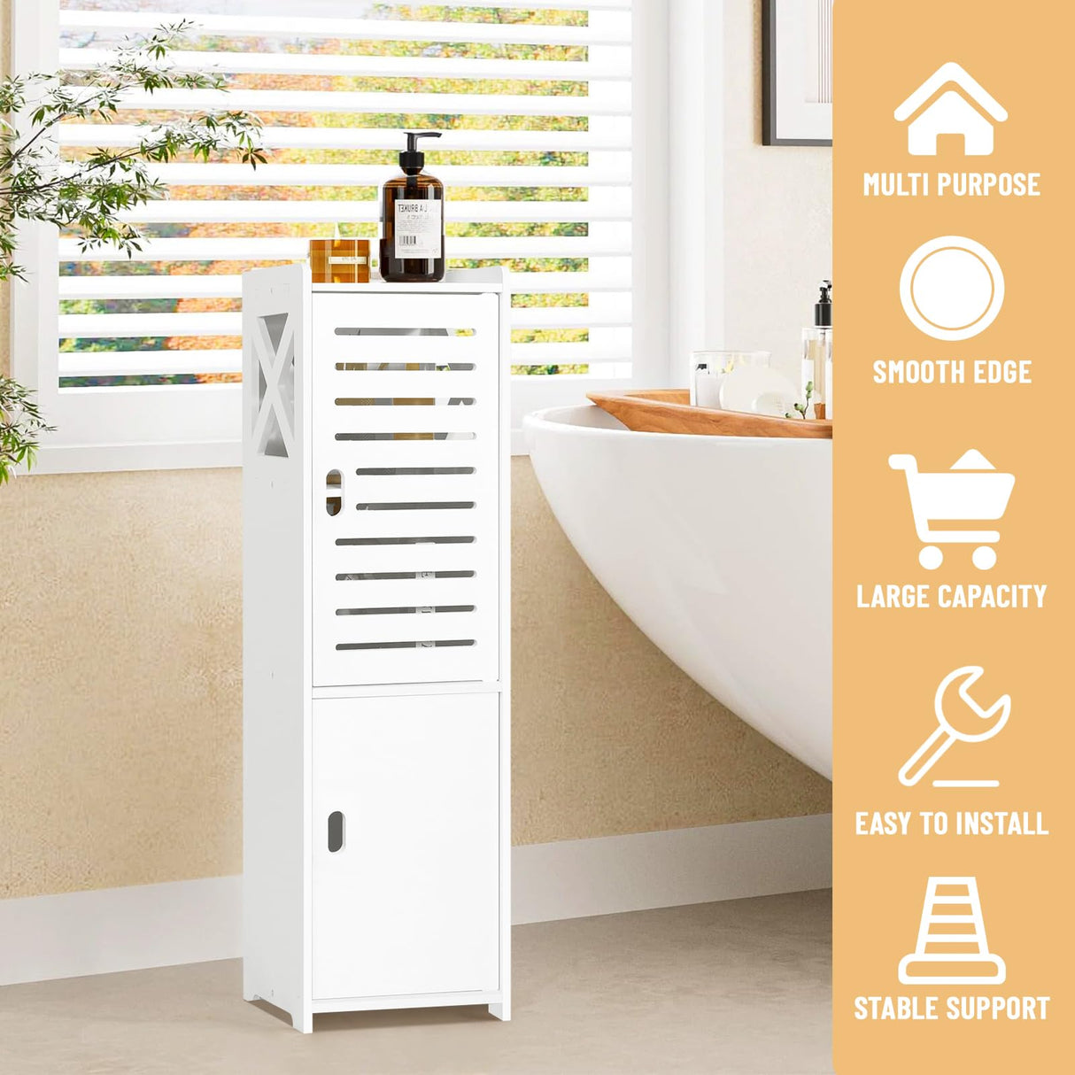 MOBPMO Bathroom Floor Cabinet Freestanding Double Door 3-Tier Side Storage Organizer Cabinet Unit, Multipurpose Waterproof Small Storage Cabinet for Bathroom, Bedroom, Office, White MOBPMO