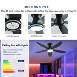 JSAITEE Ceiling Fan with Light, 48" RGB Low Profile Ceiling Fans with Lights and Remote Control, Dimmable, DC Reversible Motor, Noiseless, 6 Speeds Flush Mount Black Ceiling Fan for Bedroom JSAITEE