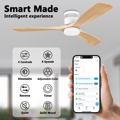 52 Inch Smart Flush Mount Ceiling Fans with Lights Remote,Wood Outdoor Indoor Ceiling Fan,WIFI Alexa App Control,Quiet DC Motor,Modern Low Profile Fan LED Lighting for Bedroom Patio,White & Light Wood