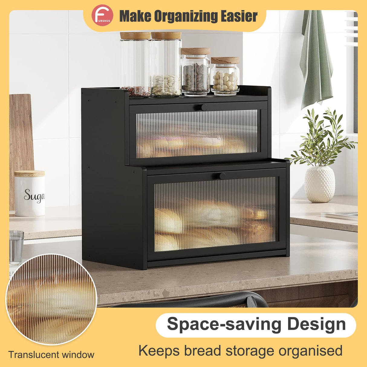 Furshus Double Layer Bamboo Bread Box for Kitchen Counter, Countertop Bread Storage Container, Bread Container Bread Storage with Window Bread Holder (Black) Furshus