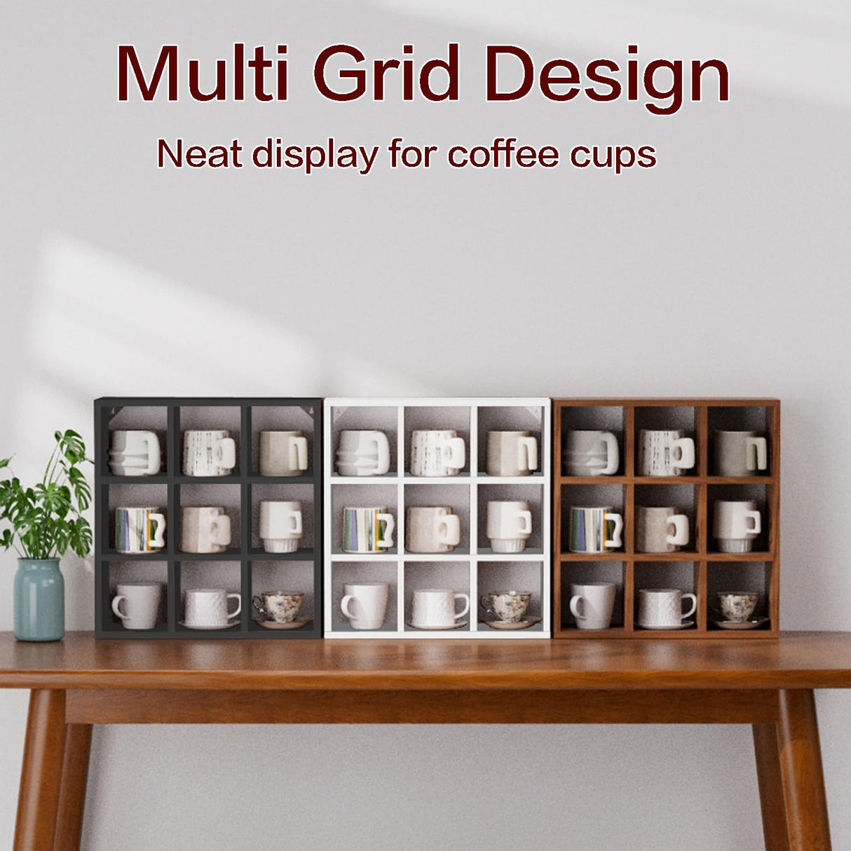 Helsin 9 Grid Vintage Coffee Mug Display Rack, 16inch Wall Mounted Wooden Curio Shadow Box Shelf, Cup Floating Shelves Display and Organizer (Black) Helsin