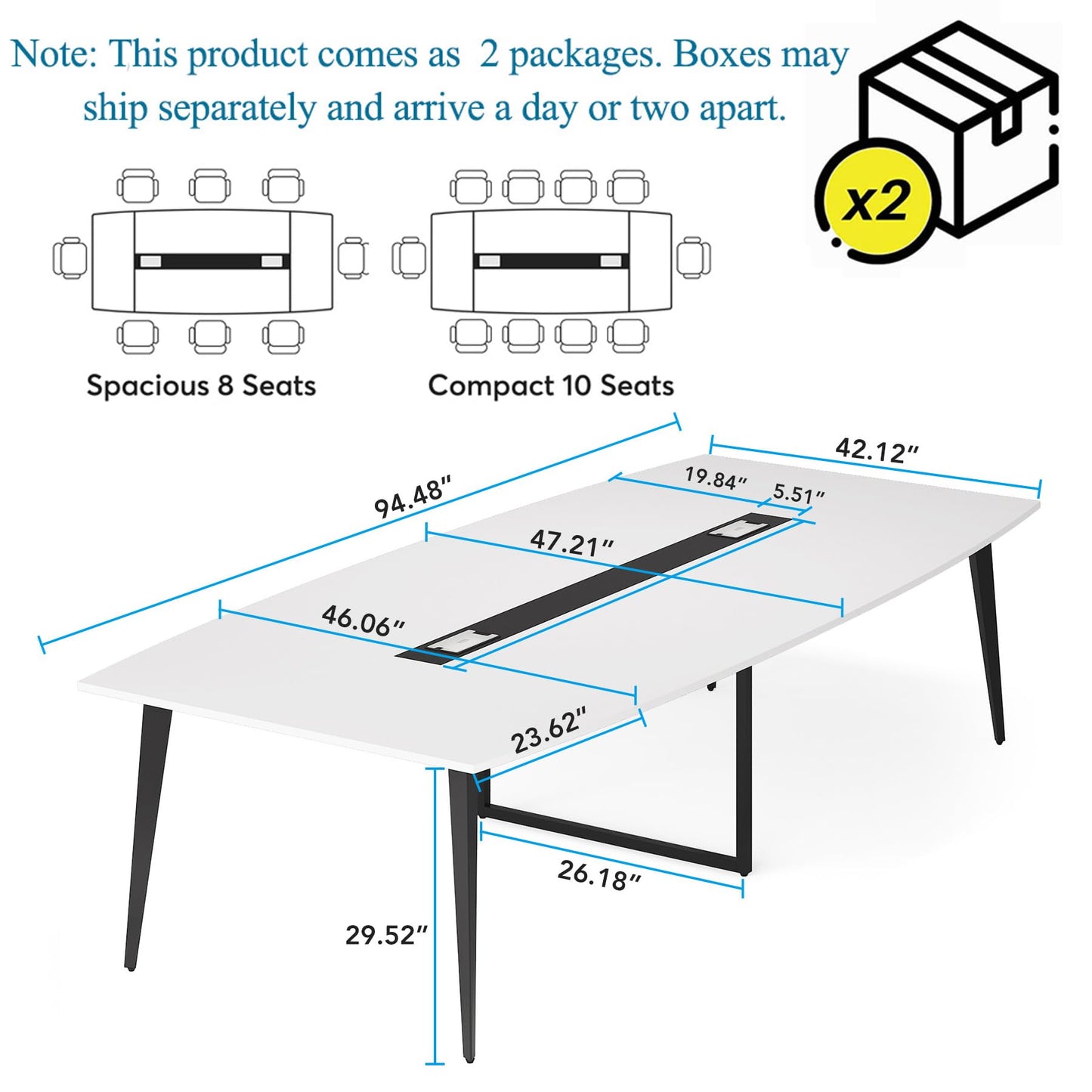 Tribesigns 8FT Conference Table, 94.48L x 47.21W x 29.52H Inches Boat Shaped Meeting Table with Rectangle Grommet, Modern Seminar Table for Office Meeting Conference Room (White & Black, 8ft)