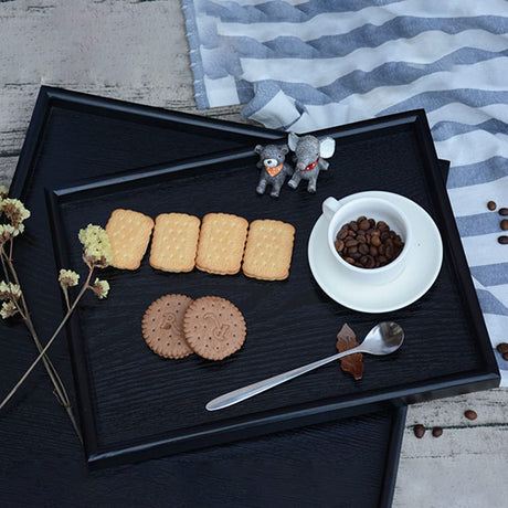 16 x 11 Inches Extra Large Solid Wood Serving Tray Tea Coffee Table Tray Snack Food Meals Serving Plate Kitchen Party Bar Server Breakfast Tray with Raised Edges Black Ottoman Tray Rectangle XKXKKE