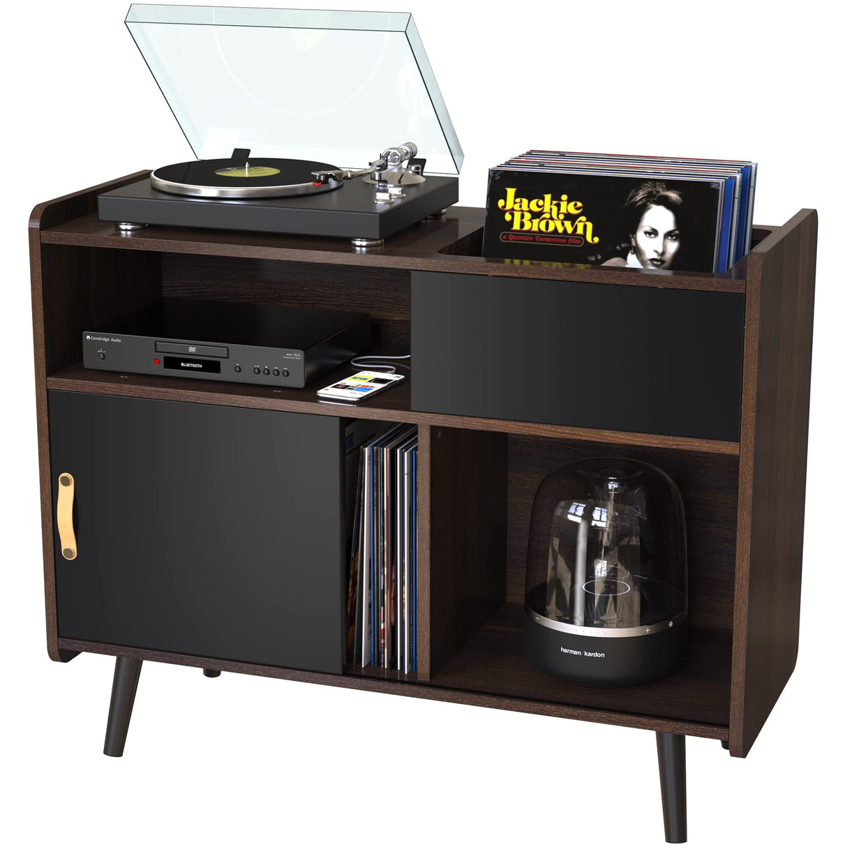 GDLF Large Record Player Stand, Vinyl Record Storage Cabinet with Power Outlet, Record Player Table Holds up to 350 Albums, Turntable Stand with Wood Legs for Living Room,Bedroom,Office GDLF