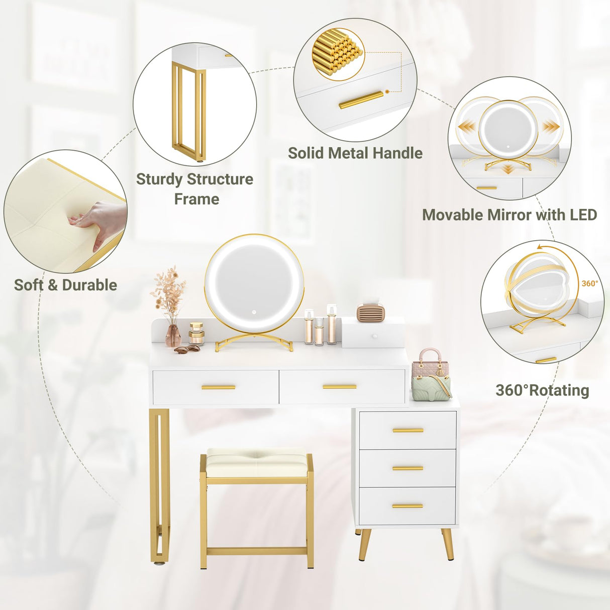 White Vanity Desk with Mirror and Lights, Modern Makeup Vanity Table Set with 6 Storage Drawers and Cushioned Stool for Bedroom, Dressing Table with Divided Organizers for Women Girls, White armocity