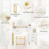 White Vanity Desk with Mirror and Lights, Modern Makeup Vanity Table Set with 6 Storage Drawers and Cushioned Stool for Bedroom, Dressing Table with Divided Organizers for Women Girls, White armocity
