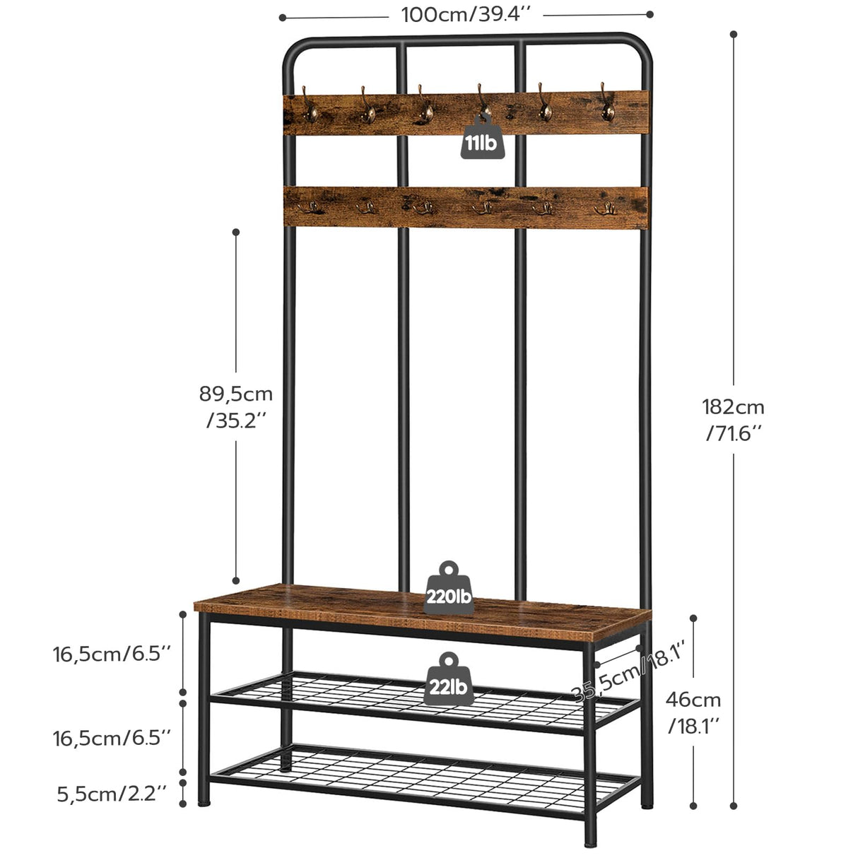 HOOBRO Hall Tree with Bench, Entryway Bench with Coat Rack, Mud Room Bench with 12 Double Hooks and Storage Bench, Coat Tree, Shoe Rack Organizer, for Foyer, Front Door, Rustic Brown BF05MT01 HOOBRO