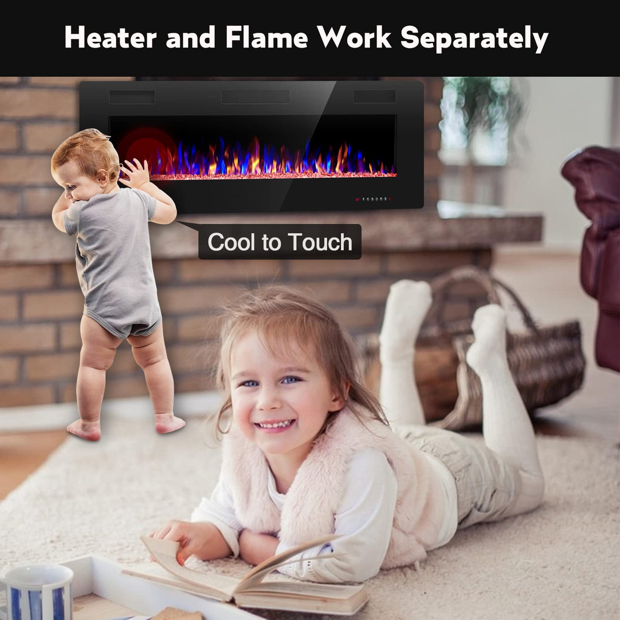 R.W.FLAME 60" Recessed and Wall Mounted Electric Fireplace, Low Noise, Remote Control with Timer, Touch Screen, Adjustable Flame Color and Speed, 750-1500W R.W.FLAME