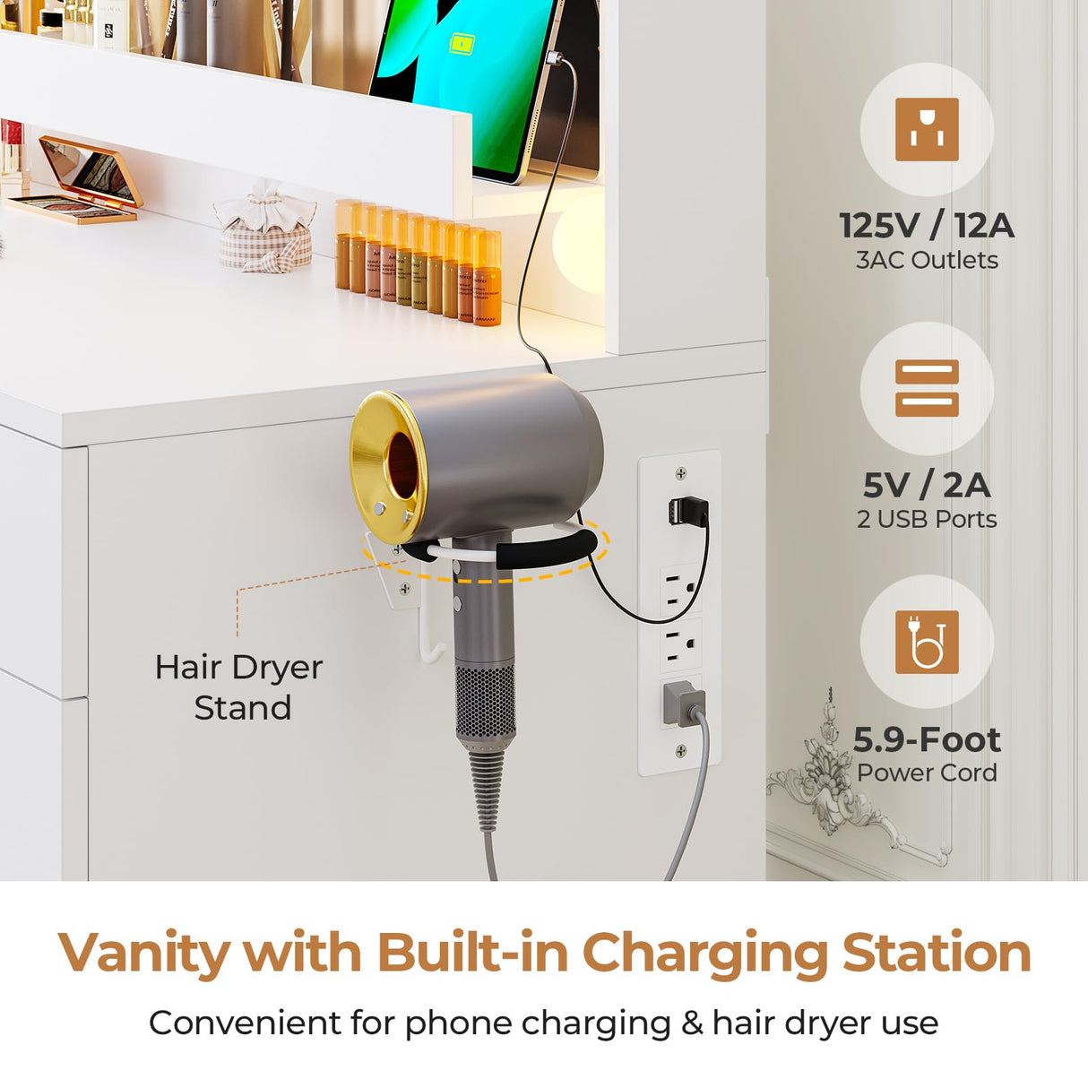 Hasuit Makeup Vanity Desk with Large Lighted Mirror and 9 Drawers, Large Vanity Desk with Storage Rack, Hook, Crystal Handle, White Bedroom Vanity Table Set with Charging Station, Lights Adjustable Hasuit