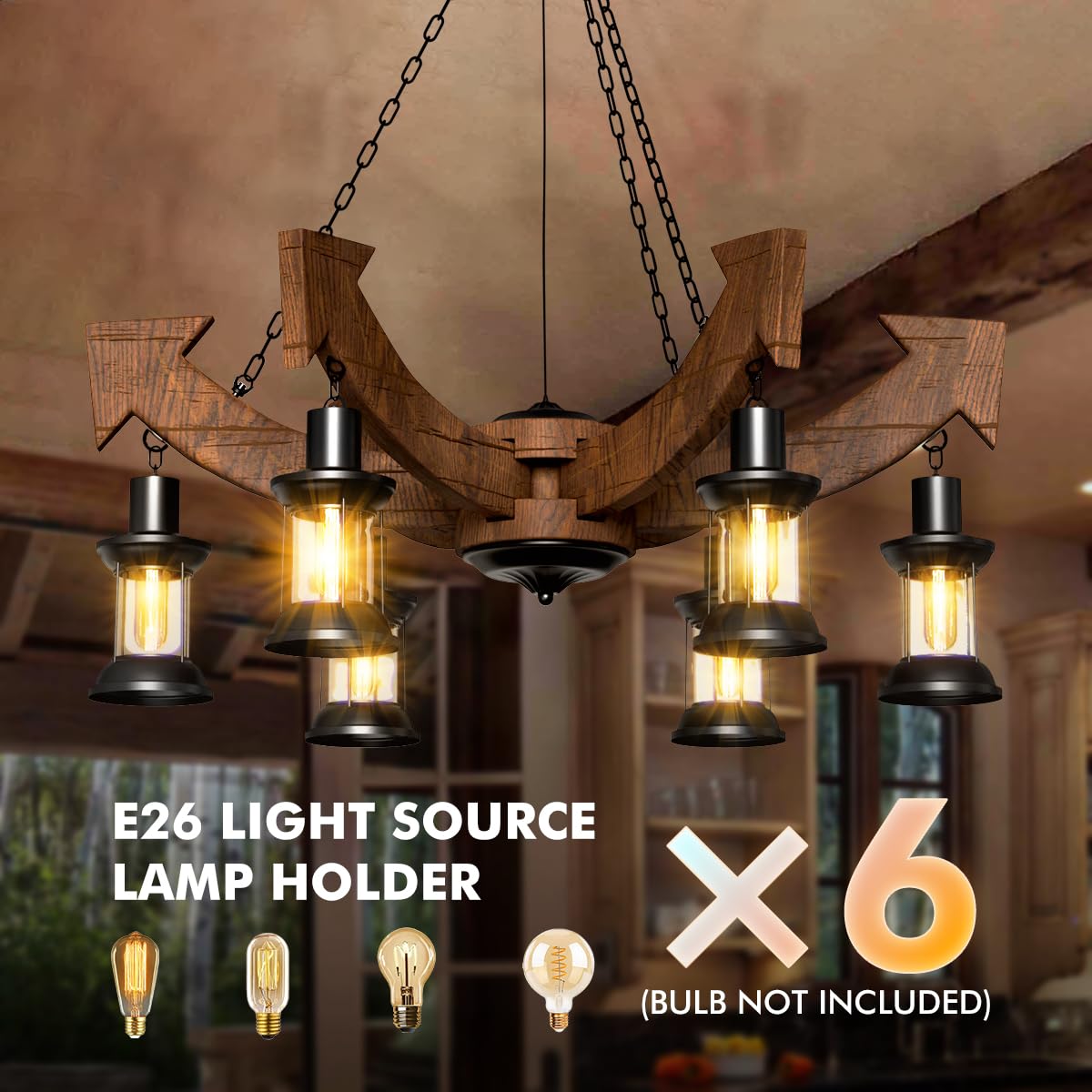 A Million Vintage 6-Lights Country Wood Chandelier, Retro Arrow Style Chandelier Light Fixture, Farmhouse Rustic Wooden Chandelier for Dining Room, Kitchen Island, Living Room, Bar, E26 A Million
