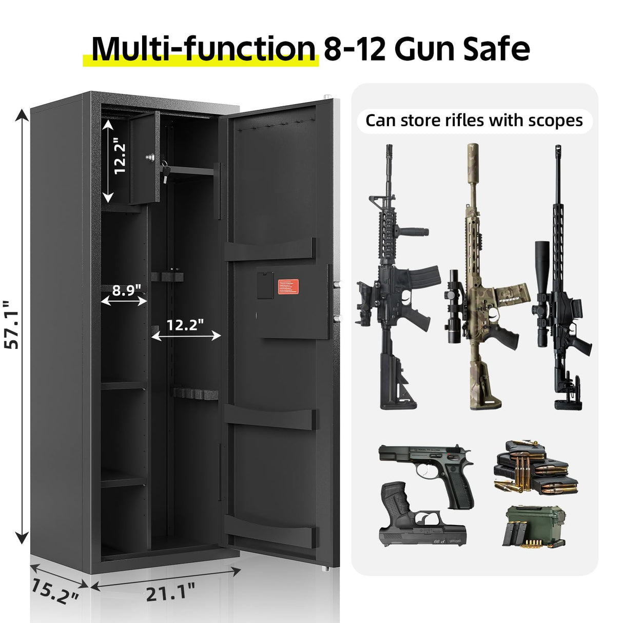 KAER Gun Safe, Large 8-12 Gun Cabinet for Home Defense with Electronic Keypad | Secure Rifle & Shotgun Safe with Adjustable Shelf, Rifle Rack for Pistols and Ammunition Storage KAER
