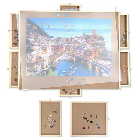 Puzzle Board, WOOD CITY 1500 Piece Wooden Jigsaw Puzzle Board with Drawers, 35” x 27” Portable Puzzle Table with Covers, Rotating Jigsaw Puzzle Table for Kids and Adults WOOD CITY