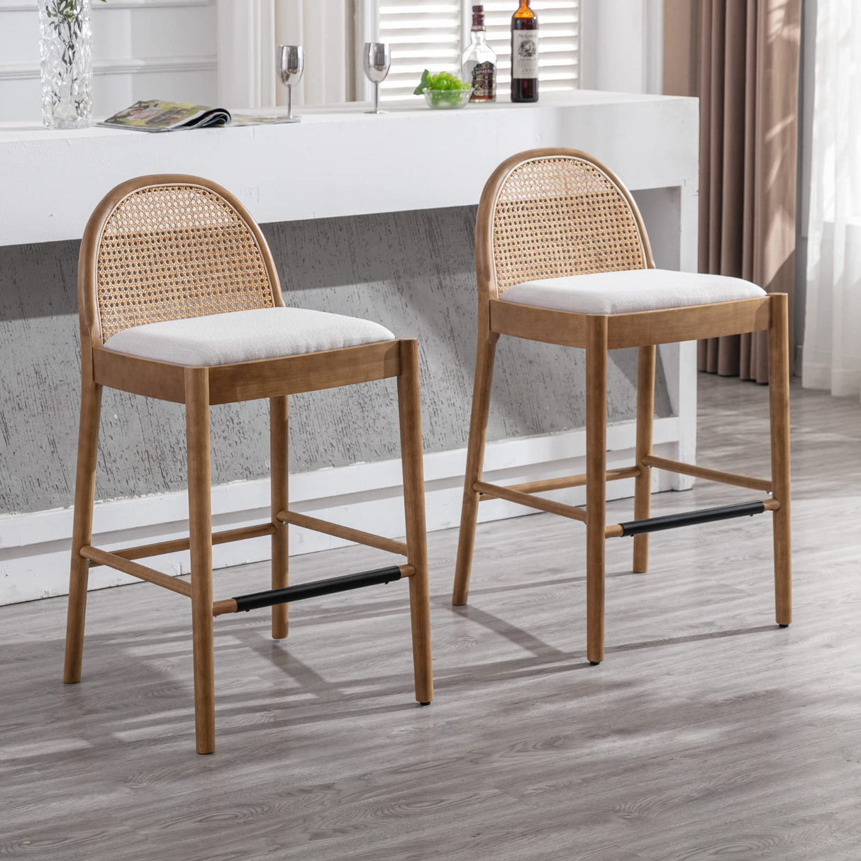 HEAH-YO Modern Bar Stools Set of 2, 30 Inches Counter Height Bar Stools with Rattan Backrests and Wood Legs, Comfy Linen Fabric Kitchen Stools for Island, Beige HEAH-YO