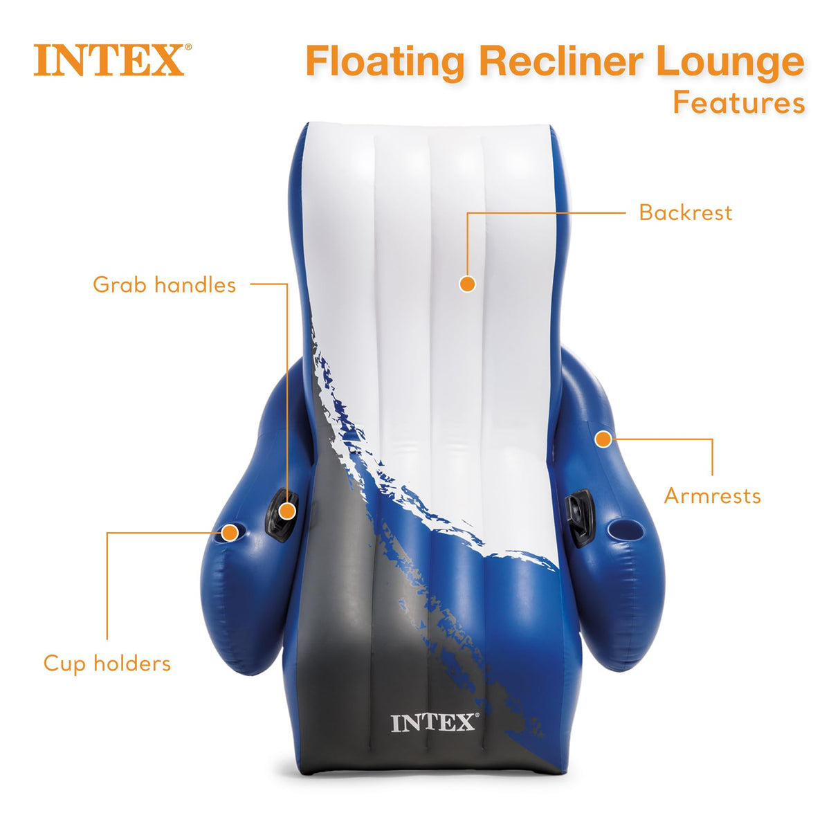Intex Inflatable Lounge Pool Recliner Lounger Chair with Cup Holders - Heavy-Duty Float Raft for Adults, 220 Lb Capacity Large Floating Tanning Chair Intex