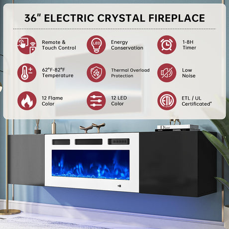 oneinmil Floating TV Stand with 36" Electric Fireplace, Wall Mounted Fireplace Entertainment Center with Storage, 70" TV Console with Fireplace, Floating TV Cabinet, Black+White oneinmil