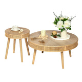 RUSTOWN 2-Piece Farmhouse Coffee Table, Modern Rustic Sofa Side Tea Tables, Solid Wood Finish with Crafted Rattan Side and End Table Sets for Living Room (Natural) RUSTOWN
