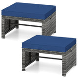 Tangkula 2 Pieces Patio PE Rattan Ottomans, Multipurpose Outdoor Footstool Footrest Additional Seating Side Table with Soft Zippered Cushions for Deck, Garden, and Yard (Navy Blue) Tangkula