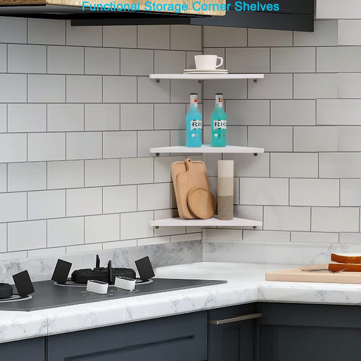 Joiishom Corner Wall Shelf Set of 3, Floating Corner Shelves for Wall, Rustic Wood Wall Storage Display Shelves for Living Room Bedroom Bathroom Kitchen (White) Joiishom