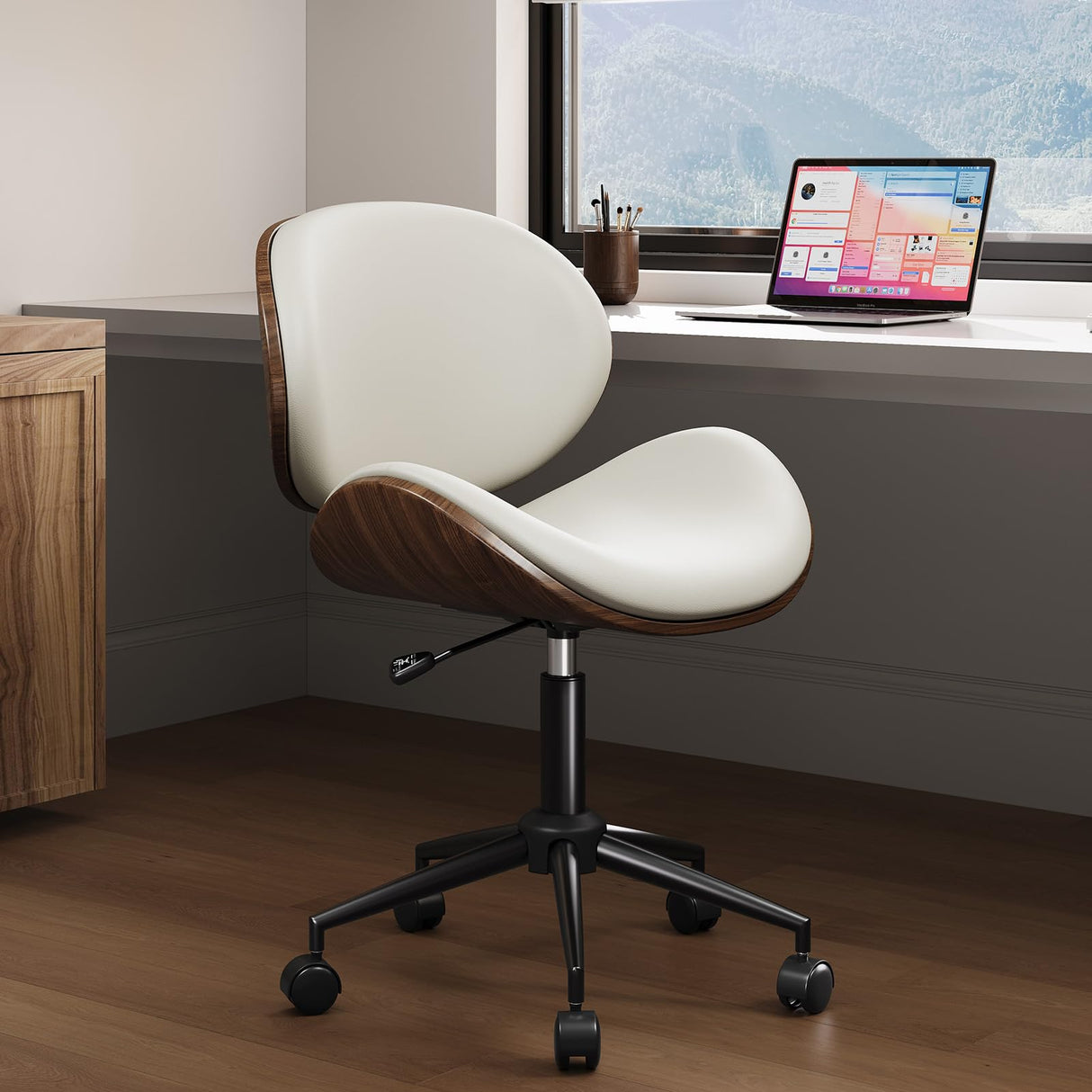 AMERLIFE Home Office Chair Set of 2, PU Leather Desk Chair, Modern Swivel Chair with Curved Back, Armless Desk Chair with Wheels for Home Office, White AMERLIFE
