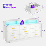 UNIQUITE White 9 Drawer Dressers for Bedroom, Modern Large Dresser with LED Light and Power Outlet, Wooden Long Dresser for Bedroom, Entryway, Living Room UNIQUITE