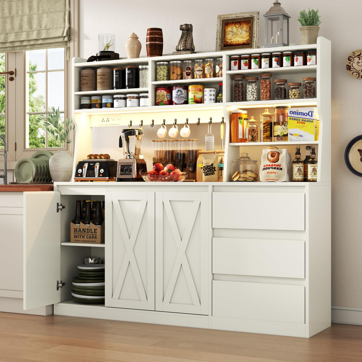 Gyfimoie Farmhouse Kitchen Pantry Cabinet with Power Outlet & LED Light, Large Coffee Bar Cupboard with Microwave Stand, 3 Doors & 3 Drawers, 7 Cup Holders & 8 Open Cubbies, Adjusted Shelves (White) Gyfimoie