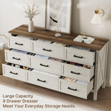 LYNSOM Farmhouse 9 Drawers Dresser for Bedroom, 55" Wide Wood Rustic Chest of Drawers with Natural Texture, Metal Handle, Storage Dressers Organizer for Entryway, Hallway, Antique White