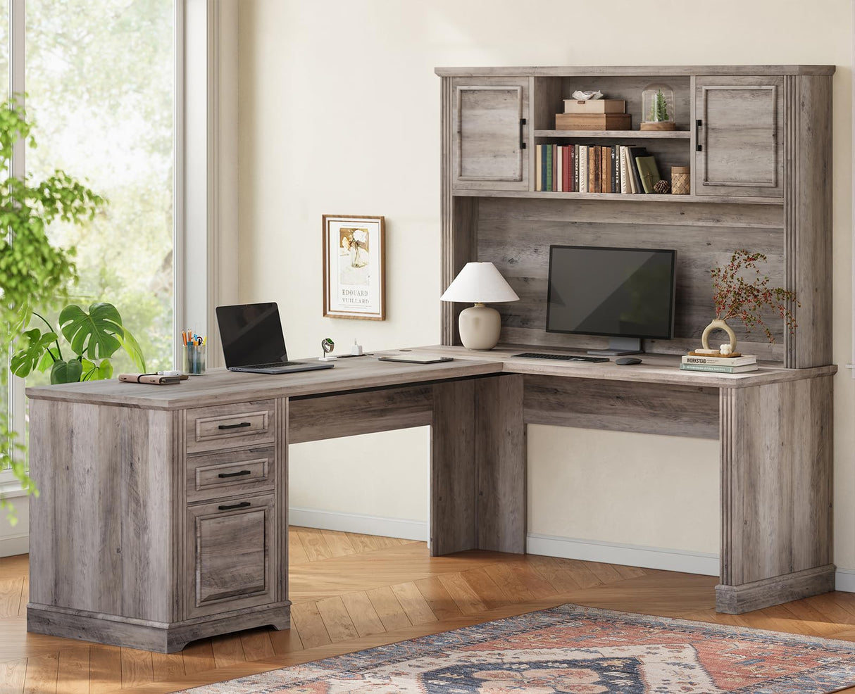 Itaar Farmhouse Executive L Shaped Desk, Home Office Desk with File Drawer and Power Outlet, Computer Corner Desk with Hutch and Drawer, Workstation for Office Home, Grey Itaar