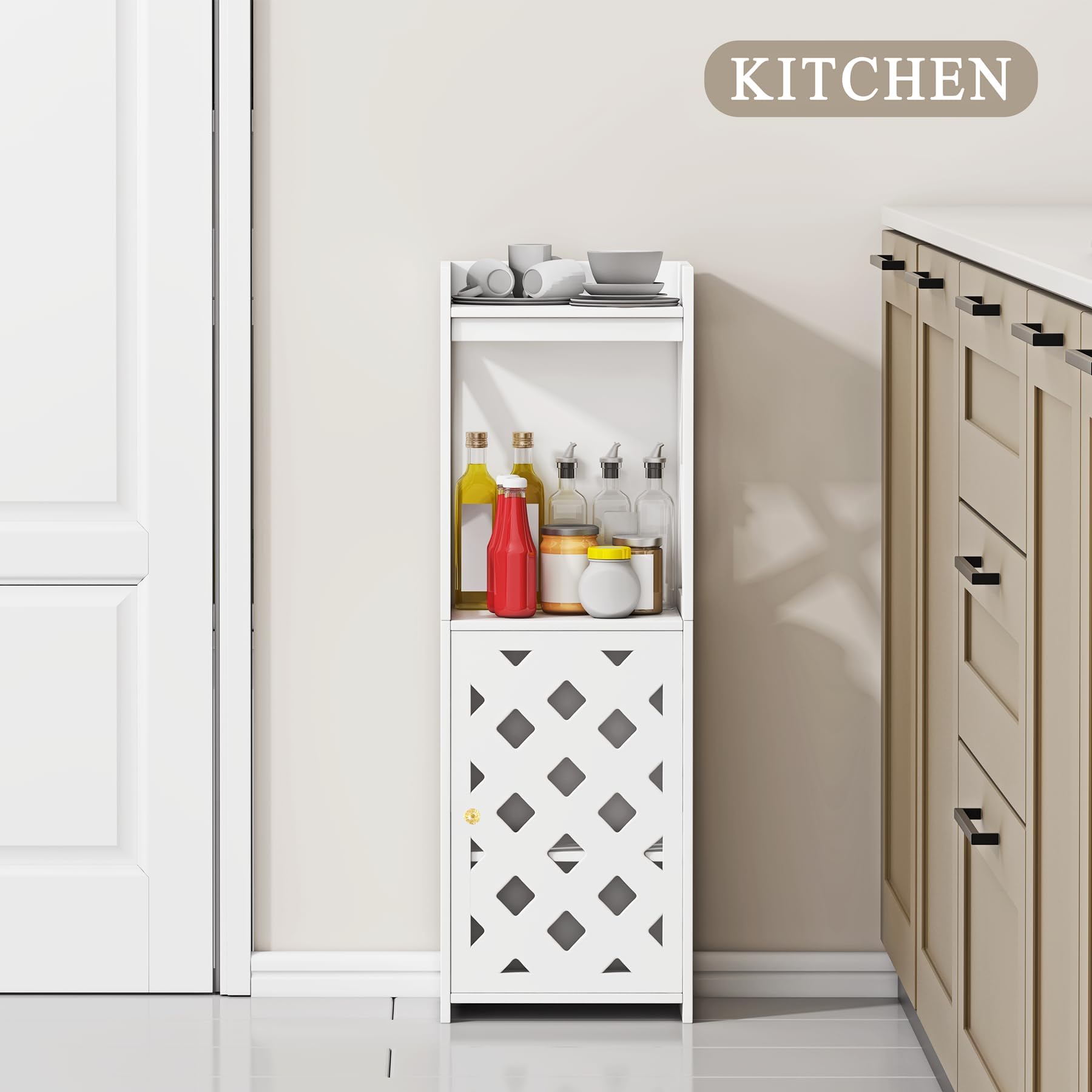 BYFU Versatile White Bathroom Storage Cabinet with Door and Open Shelf for Space-Saving Organisation - WoodArtSupply