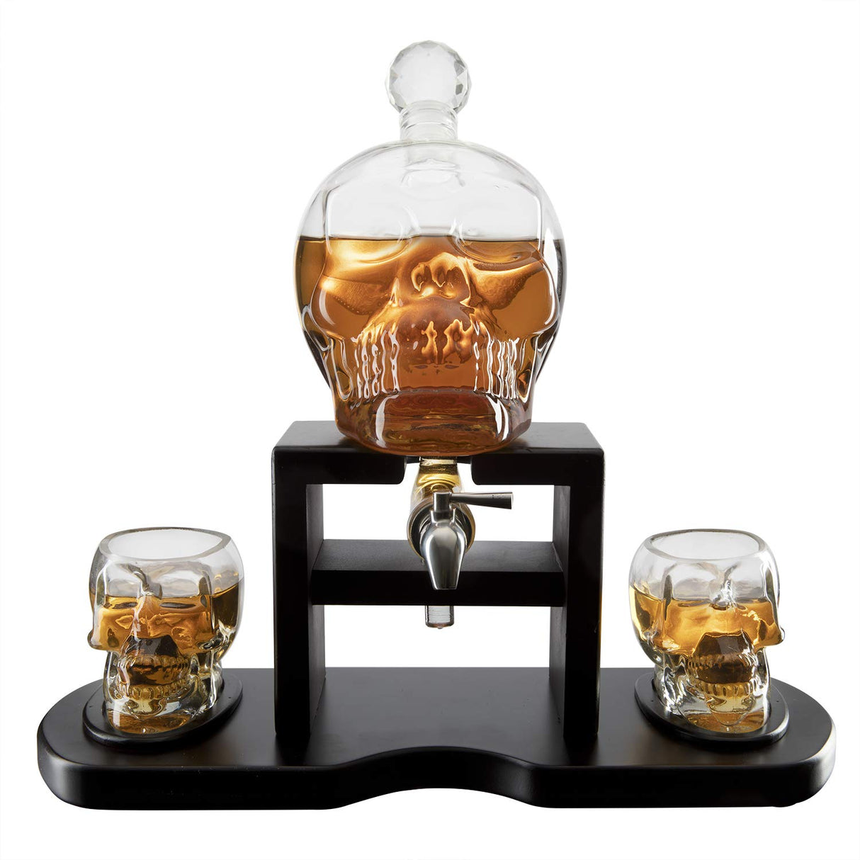 Skull Skeleton Wine & Whiskey Decanter Set 750 mL With 2 Skull 3oz Skeletons Shot Glasses + Mahogany Wooden Base & Pouring Spigot Decor Glass, Goth Spooky Drinking Glassware The Wine Savant The Wine Savant
