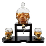 Skull Skeleton Wine & Whiskey Decanter Set 750 mL With 2 Skull 3oz Skeletons Shot Glasses + Mahogany Wooden Base & Pouring Spigot Decor Glass, Goth Spooky Drinking Glassware The Wine Savant The Wine Savant