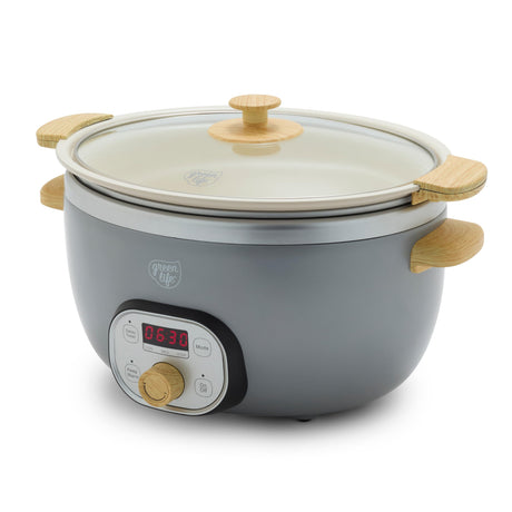 GreenLife 6 Quart Ceramic Slow Cooker, PFAS-Free Programmable Removable Healthy Nonstick Pot for Family Meals, Sear on Stovetop Keep Warm, Digital Timer, Dishwasher Safe Glass Lid & Crock, Quartz Grey GreenLife