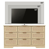 LTMEUTY 9 Drawer Dresser for Bedroom, Rattan Chest of Drawers, Modern Wood Dresser Chest with Golden Handles, 55” Wide Large Storage Long Dressers Organizer for Closet, Entryway, Living Room LTMEUTY