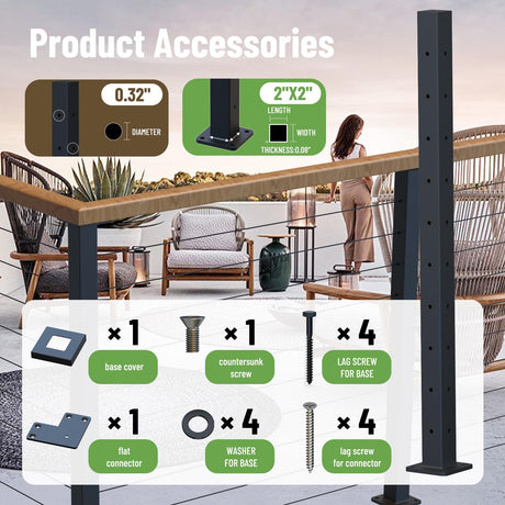 Dawn Railing Heavy-Duty Cable Railing Post, 36”x2”x2” High Strength Steel Square Corner Post with Level Drilled Holes, Weldless Black Powder-Coated Finish, for Wood/Concrete Deck Stair, 1 Pack Dawn Railing