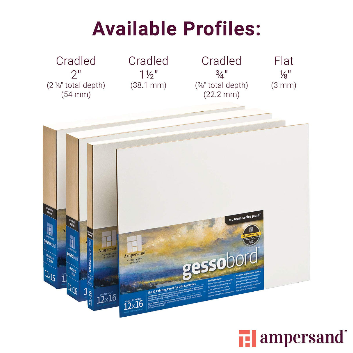 Ampersand Art Supply Gesso Wood Painting Panel: Museum Series Gessobord, 11" x 14", 1/8" Flat Profile Ampersand Art Supply