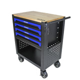 Campfun Tool Chest with Wheels Rolling Tool Box with 4 Drawers, Tool Cart with Wooden Top, Multifunction Rolling Tool Storage Cabinet, Mechanic Tool Chest Workbench for Garage, Repair Shop, Blue Campfun