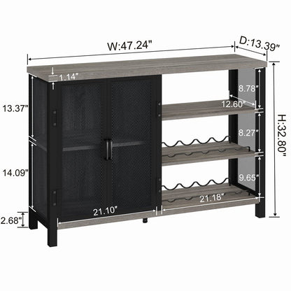 BON AUGURE Industrial Home Bar Cabinet with Wine Rack, Rustic Liquor Cabinet Bar for Home, Coffee Bar Cabinet with Storage (47 Inch, Grey Oak)