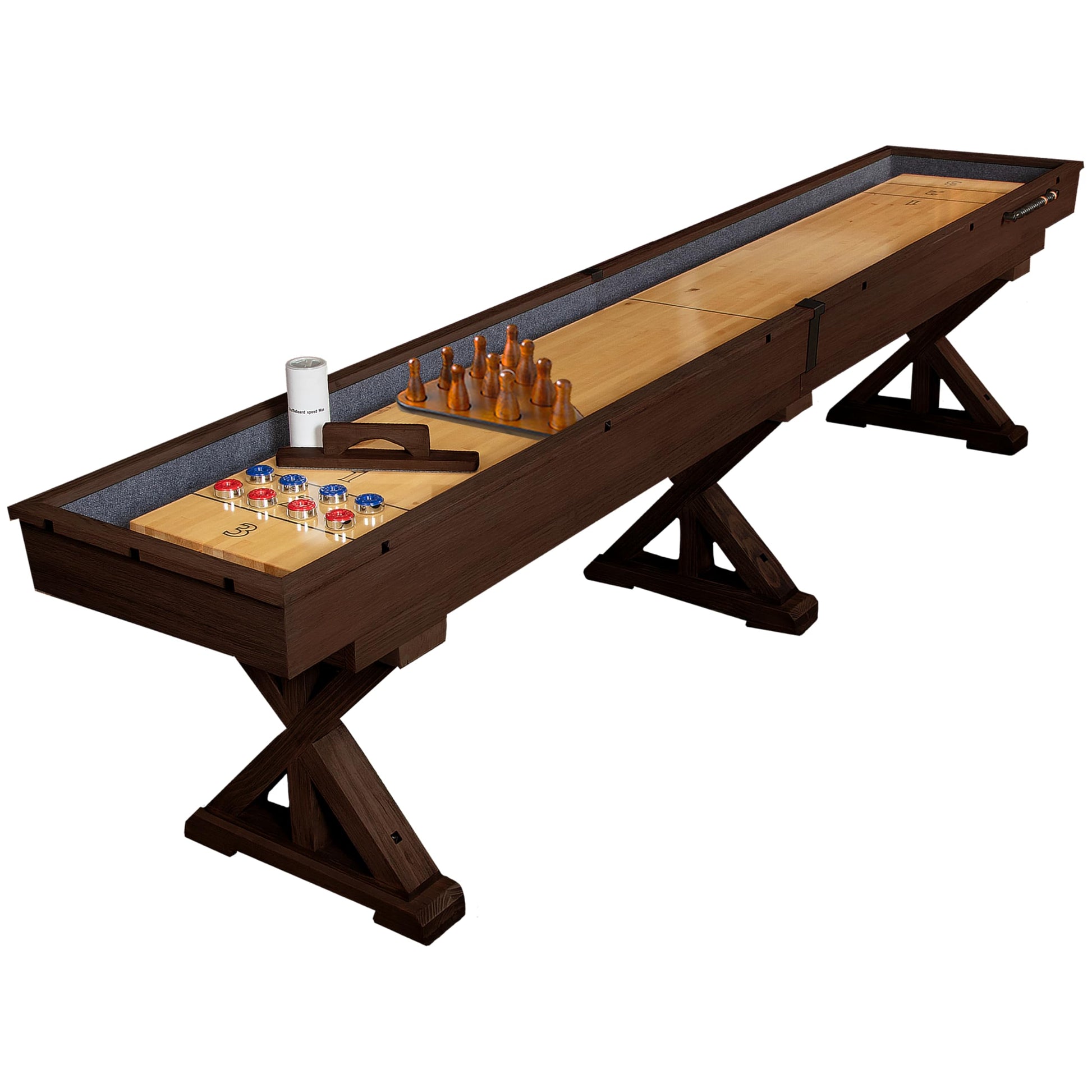 Freetime Fun 12 FT Shuffleboard Table Multi Game Solid Wood Game Tables for Game Room - Shuffle board Bowling Pin Set, Pucks, Wax and Brush - Two 6' Pieces (Espresso) - WoodArtSupply