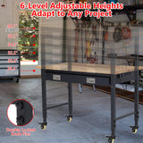 Sunvasagoo Adjustable Height Workbench - 48" Heavy Duty 2000 LB Load Capacity, Solid Rubber Wood Top, Sturdy Metal Frame, Workstation with Drawer, 4 Rolling Casters, Power Outlets for Garage Workshop Sunvasagoo