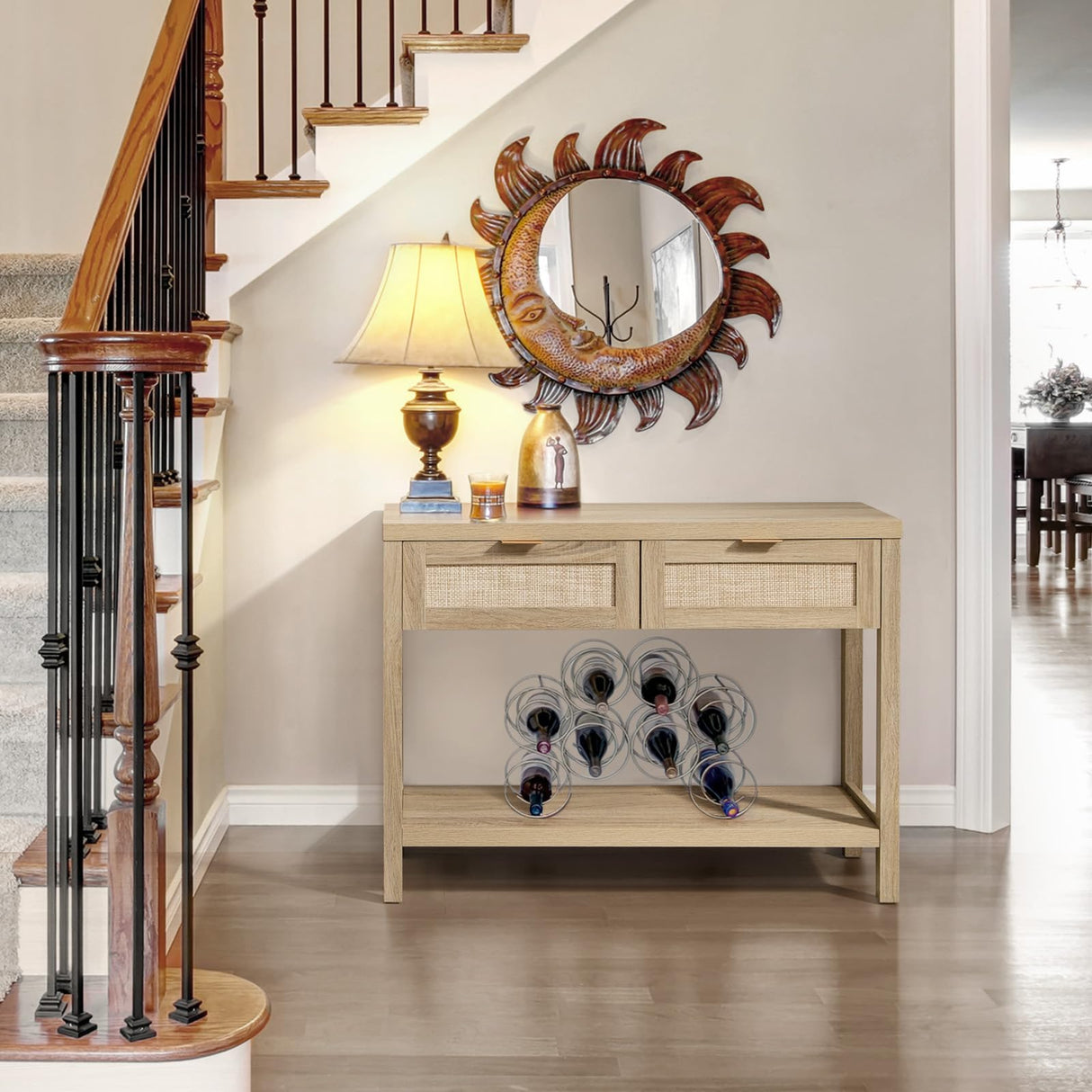 SICOTAS Boho Rattan Console Table with Storage – Light Oak Entryway Table with Drawers and 2-Tier Shelf SICOTAS