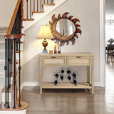 SICOTAS Boho Rattan Console Table with Storage – Light Oak Entryway Table with Drawers and 2-Tier Shelf SICOTAS