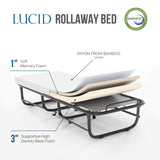 Lucid Rollaway Folding Guest Bed with 4 Inch Memory Foam Mattress- Rolling Cot- Easy Storage-Cot Size Bed LUCID