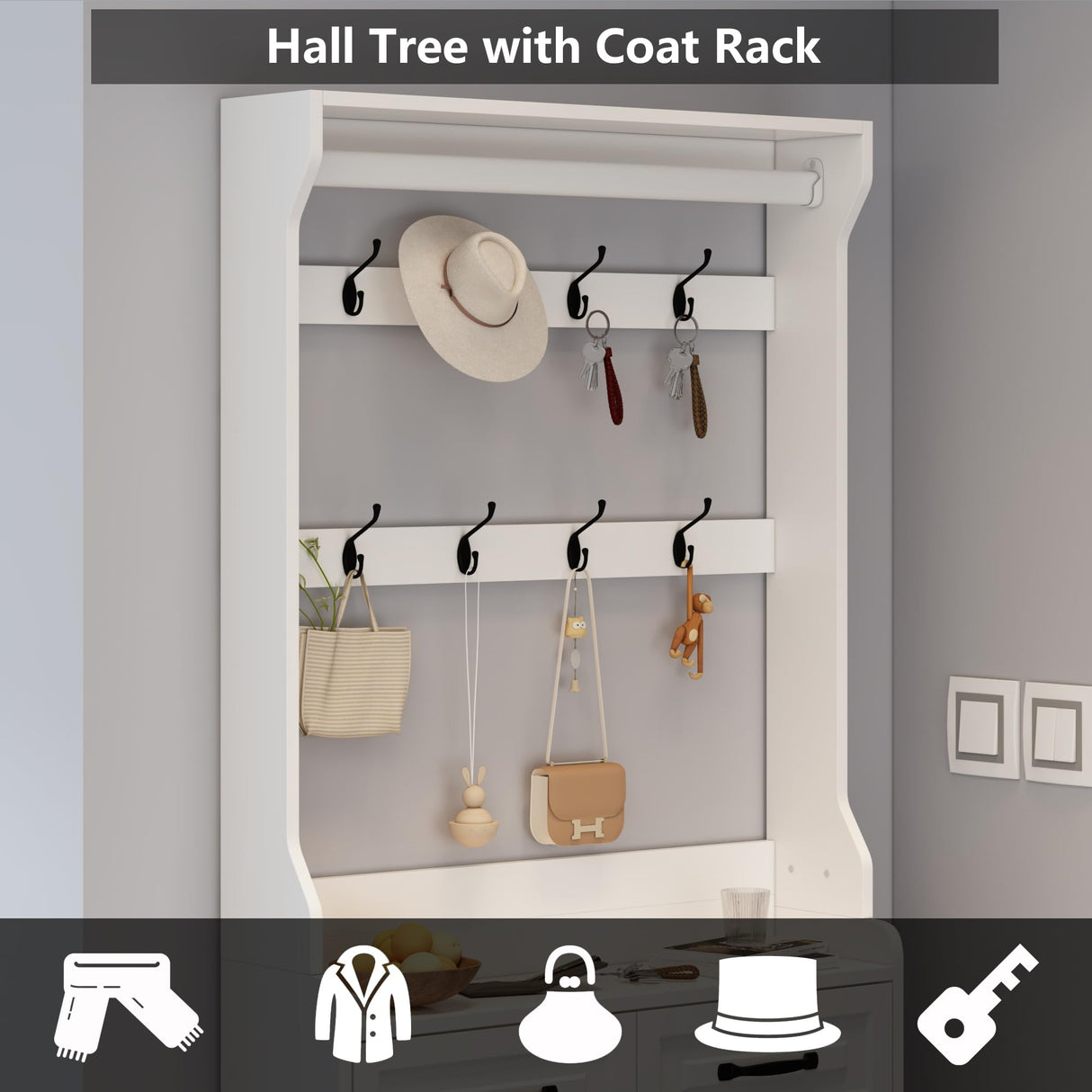 Betoko Hall Tree with Shoes Storage,Farmhouse Entryway Coat Rack Wooden Mudroom Hallway Tree Bench Corner Tree Cabinet with 8 Coat Hooks & 3 Shoes Cabinets & 2 Drawers(White) Betoko