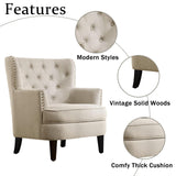 Hevaotry Velvet Upholstered Wingback Chair, 34.5”H Comfy Tufted Button Accent Chair, American Retro Barrel Chair, Contemporary Nailhead Armchair for Living Room, Bedroom, Reception Room, Beige Hevaotry