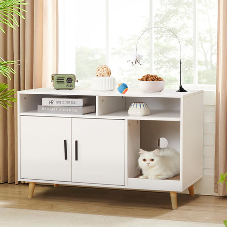 Mdeam Cat Litter Box Enclosure, Hidden Litter Box Furniture with Front Entry, 2-Door Storage Cabinet, 2 Compartments, Scratcher Pad, Air Vents, Wooden Side End Table (White) Mdeam