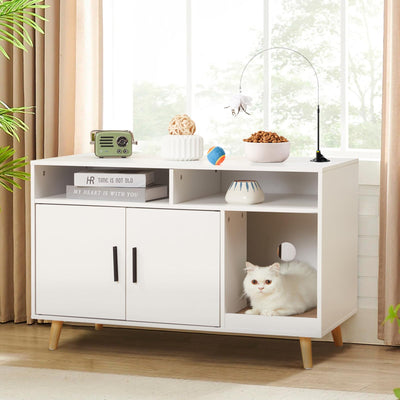 Mdeam Cat Litter Box Enclosure, Hidden Litter Box Furniture with Front Entry, 2-Door Storage Cabinet, 2 Compartments, Scratcher Pad, Air Vents, Wooden Side End Table (White)