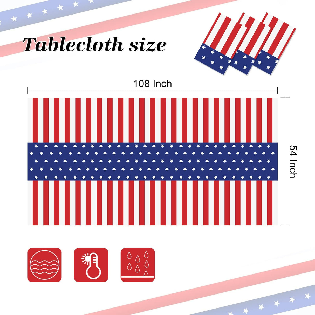 3 Pack Patriotic Tablecloth, Disposable Plastic Tablecloth 54" x 108" Patriotic Decorations, Birthday Party Table Cloth for Kids, Patriotic Themed Party Supplies for Outside, Picnic, Camping, Memorial Childom