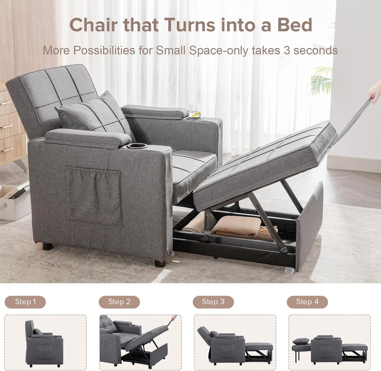 COMHOMA Sleeper Chair Bed,Convertible Sofa Bed Armchair with Cup Holders,3-in-1 Futon Bed Chair with Side Pocket Pull Out Sofa Bed Couch for Living Room,Bedroom (Grey) COMHOMA
