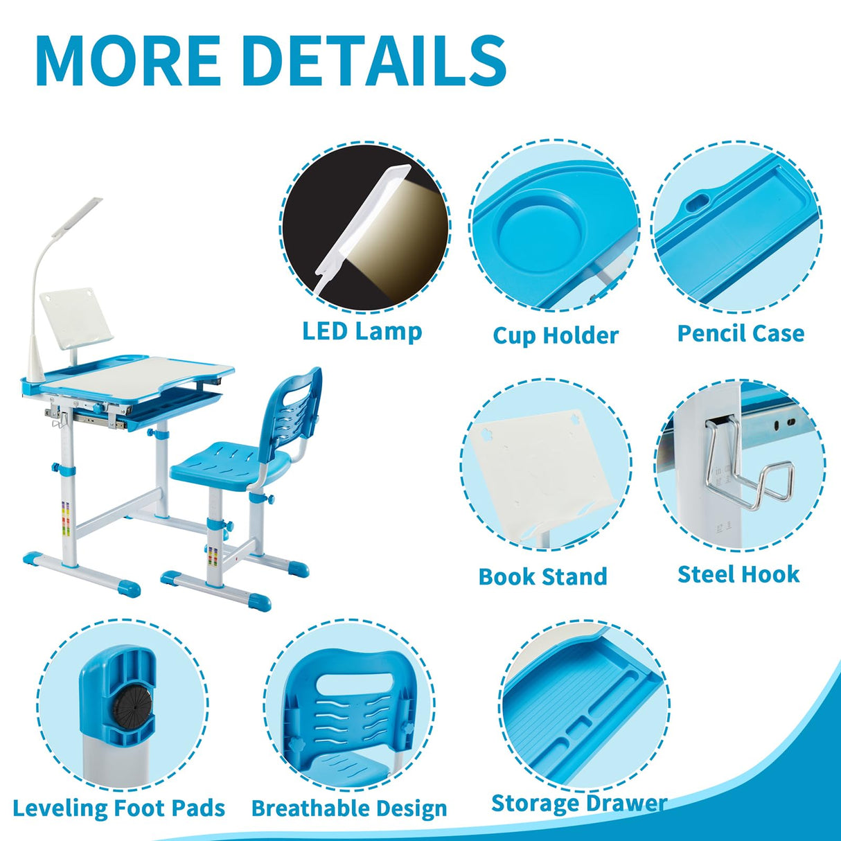 Diroan Kids Functional Desk and Chair Set, Ergonomic Height Adjustable Children School Study Desk with Tilt Desktop, Book Stand, LED Light, Metal Hook and Storage Drawer for Boys Girls(Blue) Diroan