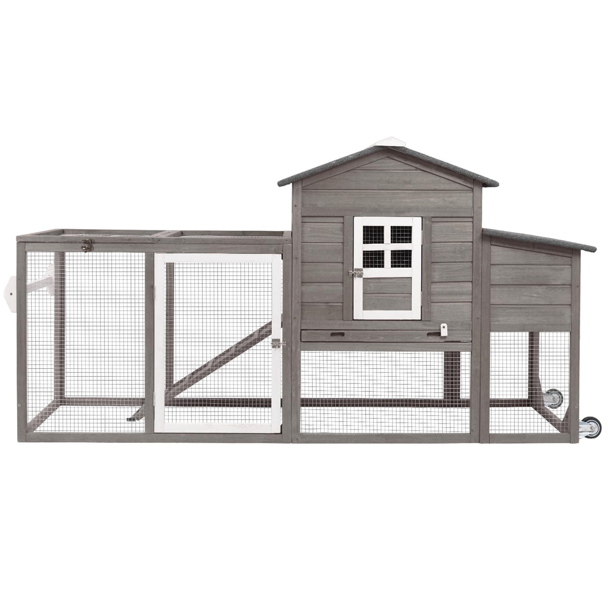 Ketive Wooden 79" Chicken Coop with Wheels Asphalt Roof Nest Boxes Pull-Out Trays - All Solid Wood and Galvanized Wire Mesh Chicken House Against Snakes, Weasels ketive